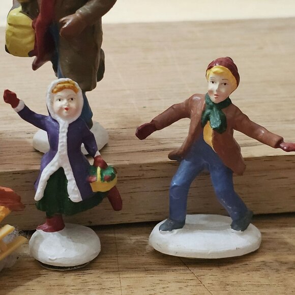 6 Victorian Porcelain Magnetic Skating Figurines Hand Painted Christmas Village - Picture 4 of 8